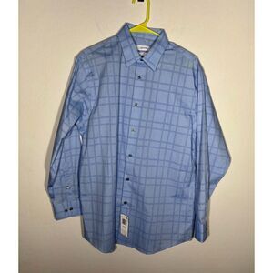 Calvin Klein Steel+ Blue Check Dress Shirt Men’s Large 16 32/33 Regular Fit